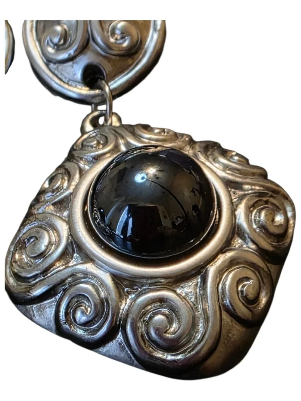 Vintage Silver Ornate Scroll Dangle Drop Earrings Black Cabochon Statement